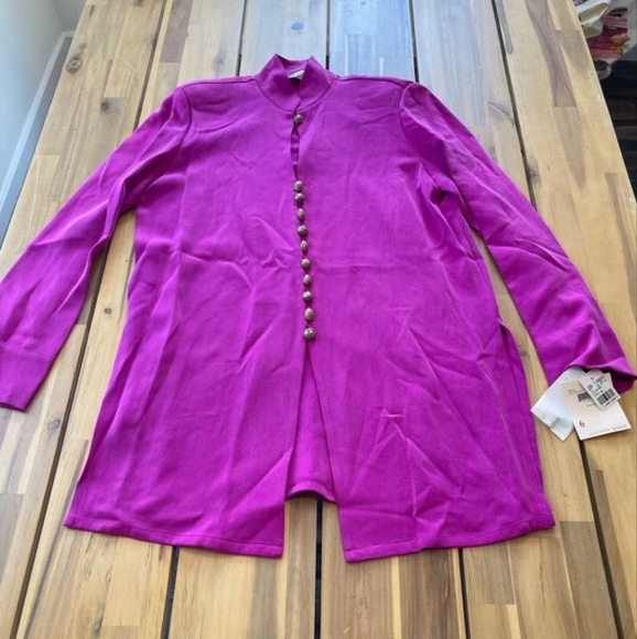 Nwt Dana Buchman Vintage Fuschia Gold Brass Button Down 100% Silk Jacket Size 6 - Picture 1 of 5